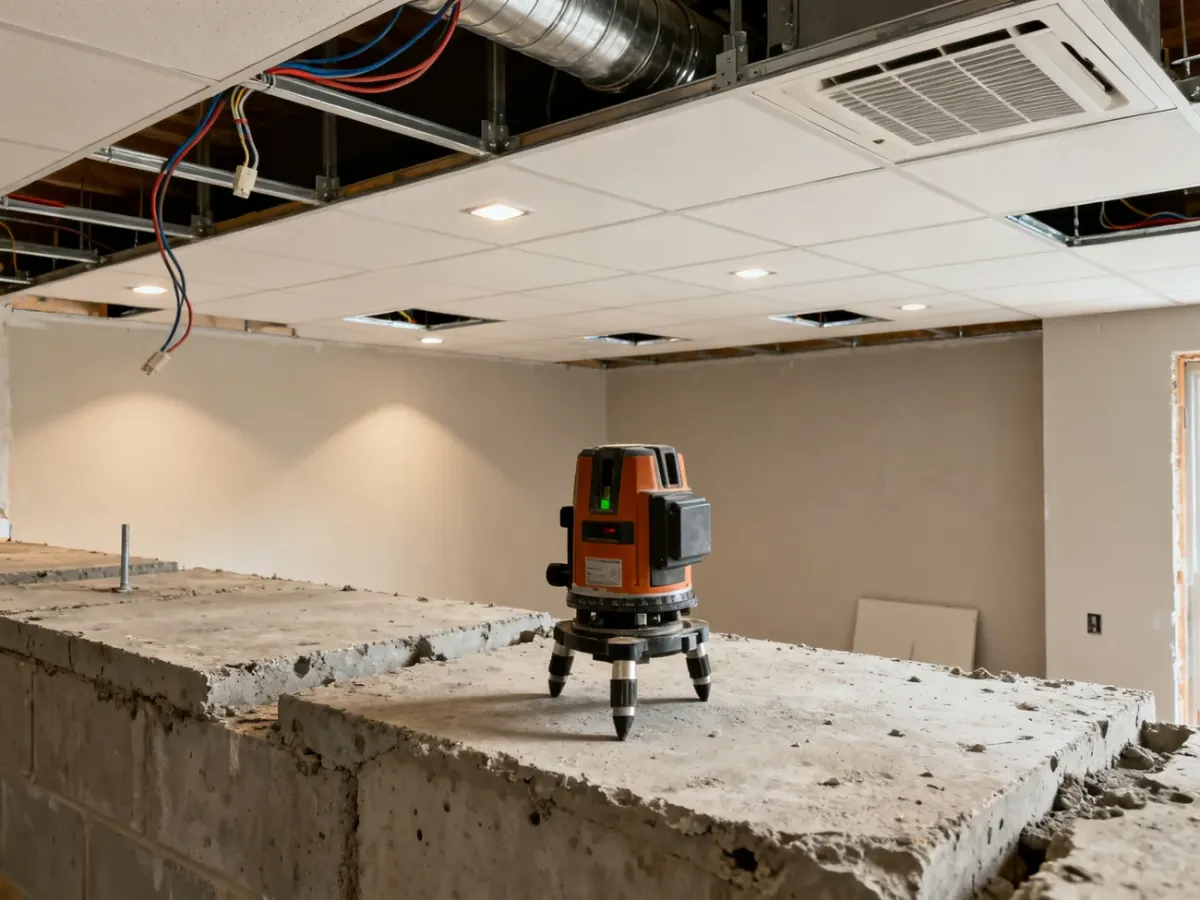Pomiar poziomu sufitu podwieszanego z widocznymi instalacjami nad konstrukcją