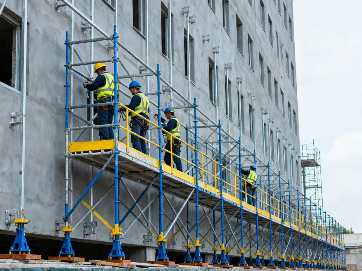 Ekipa montująca rusztowanie elewacyjne przy budynku