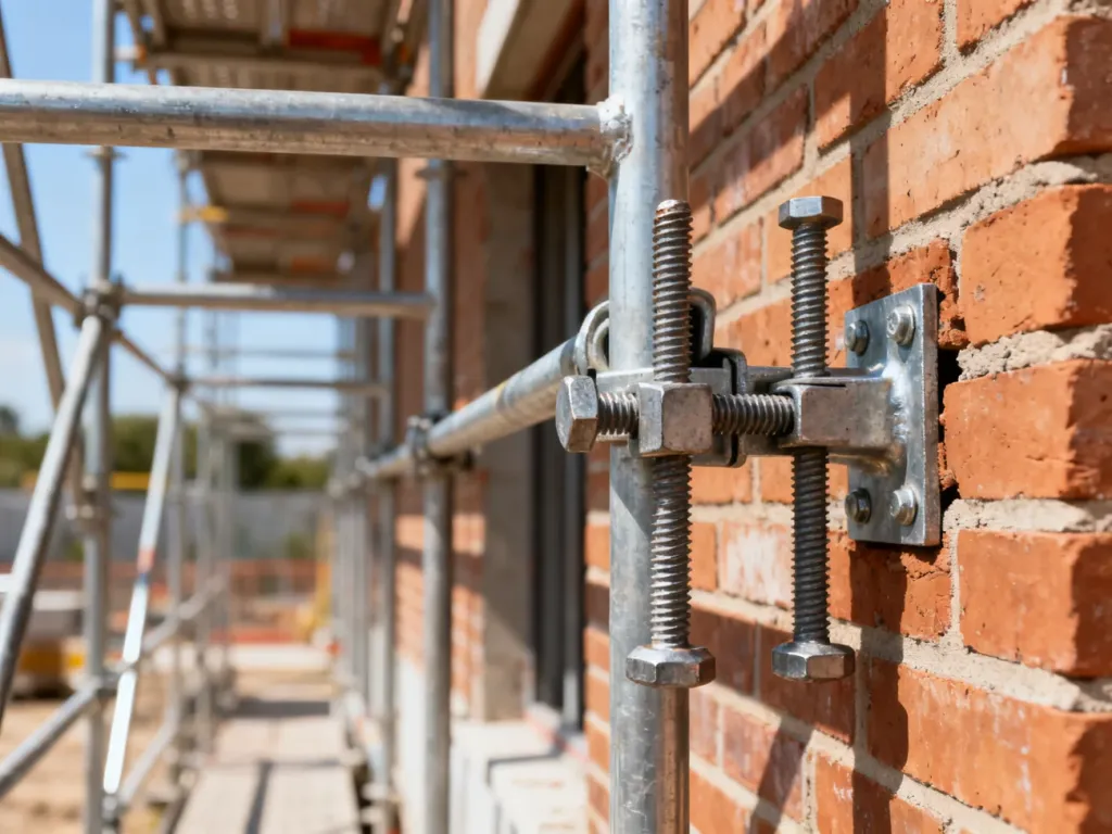 Metalowe kotwy mocujące rusztowanie do ceglanej ściany budynku, zapewniające stabilność i bezpieczeństwo konstrukcji.