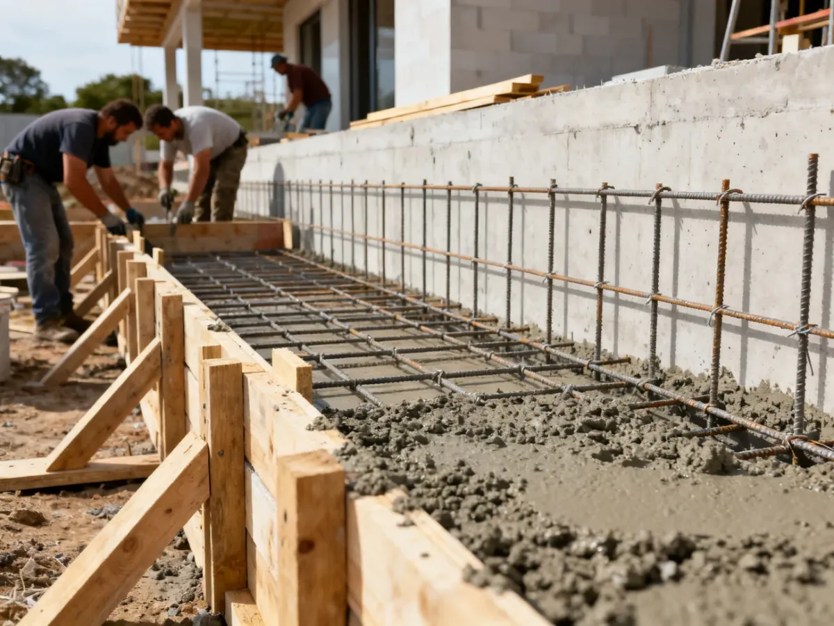 Montaż deskowania przy betonowej konstrukcji na placu budowy