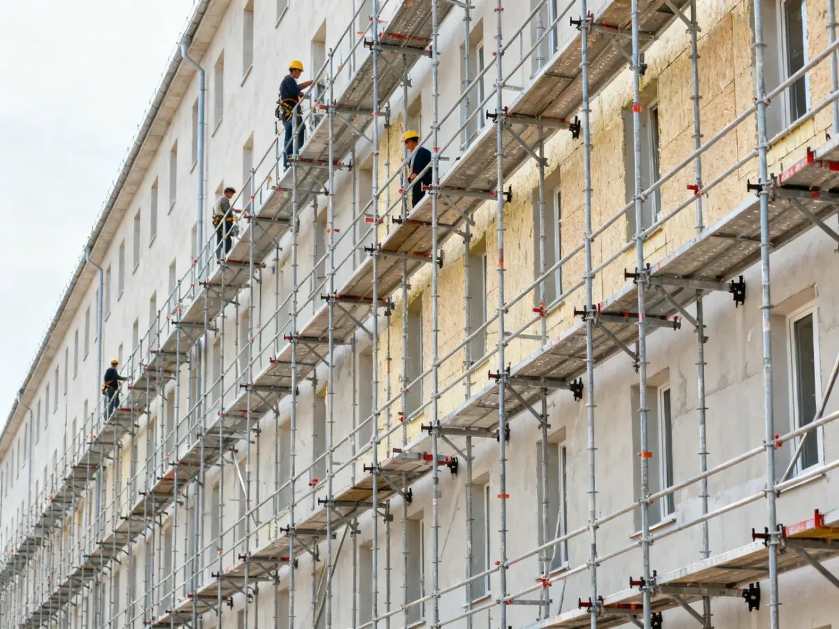 Rusztowanie ramowe przy prostej elewacji budynku podczas prac ociepleniowych